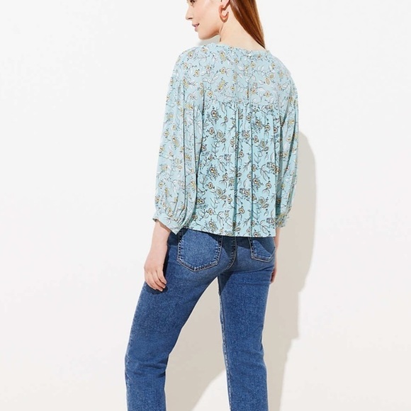 Loft Women’s Aqua Floral Print Mixed Blouse Size XS Blouson Sleeves - Picture 3 of 10